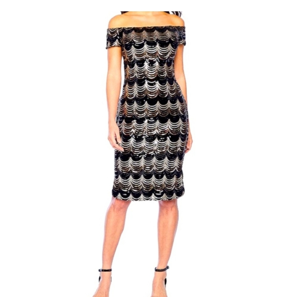 Premier Amour Black And Gold Sequin Embellished Dress